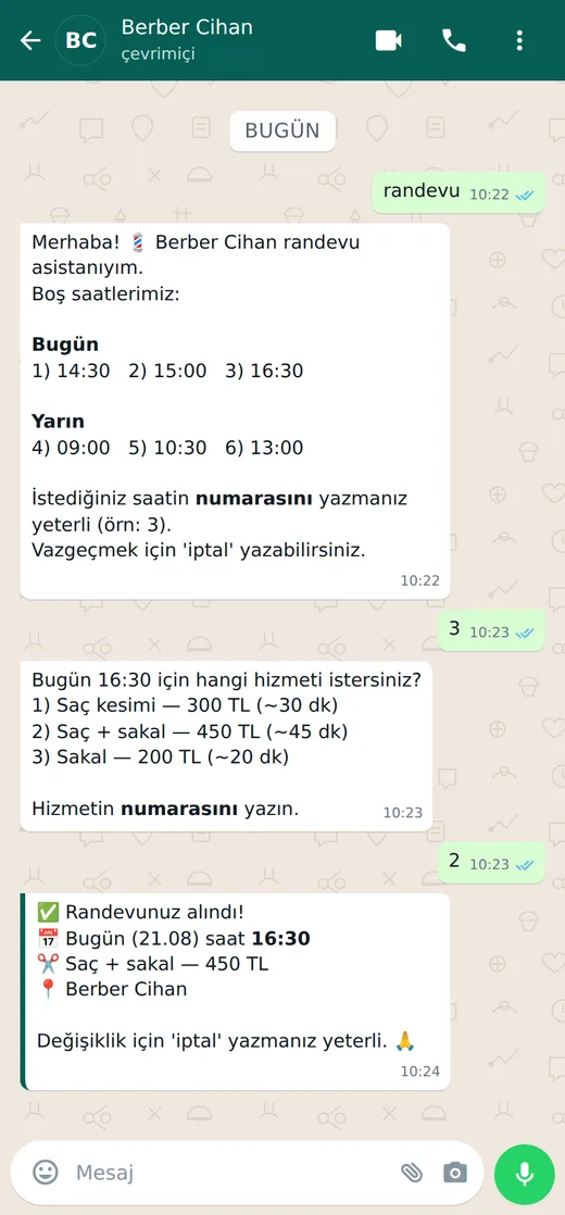 WhatsApp ekranı: randevu onaylandı, saat ve ücret yazıyor