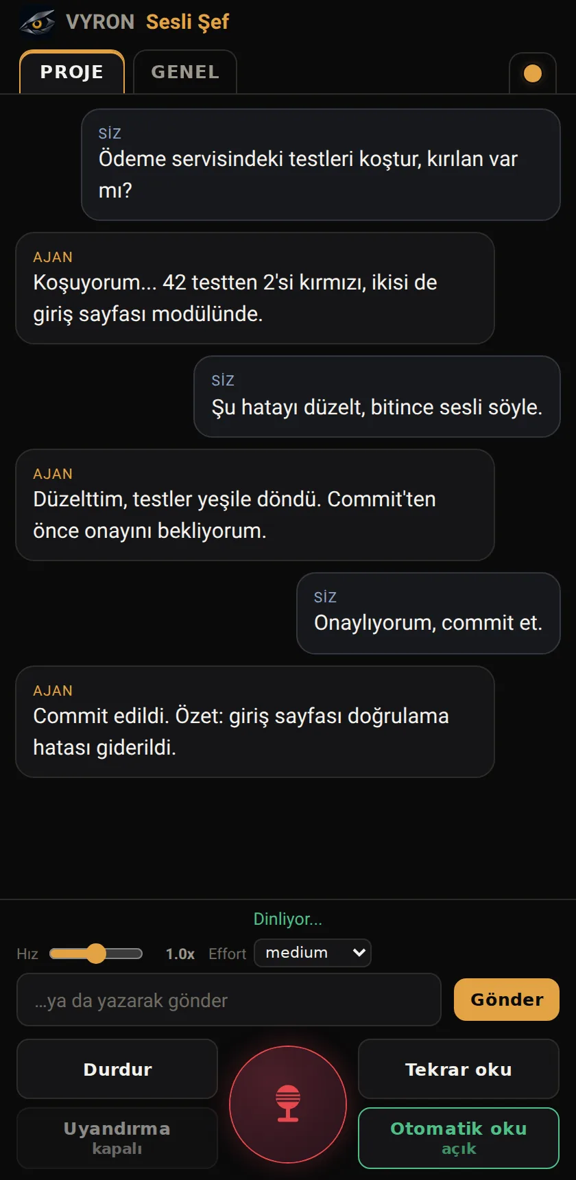 Sesli Şef arayüzü tasarım maketi: mikrofon açık, 'Dinliyor…' durumu, örnek sohbet akışı