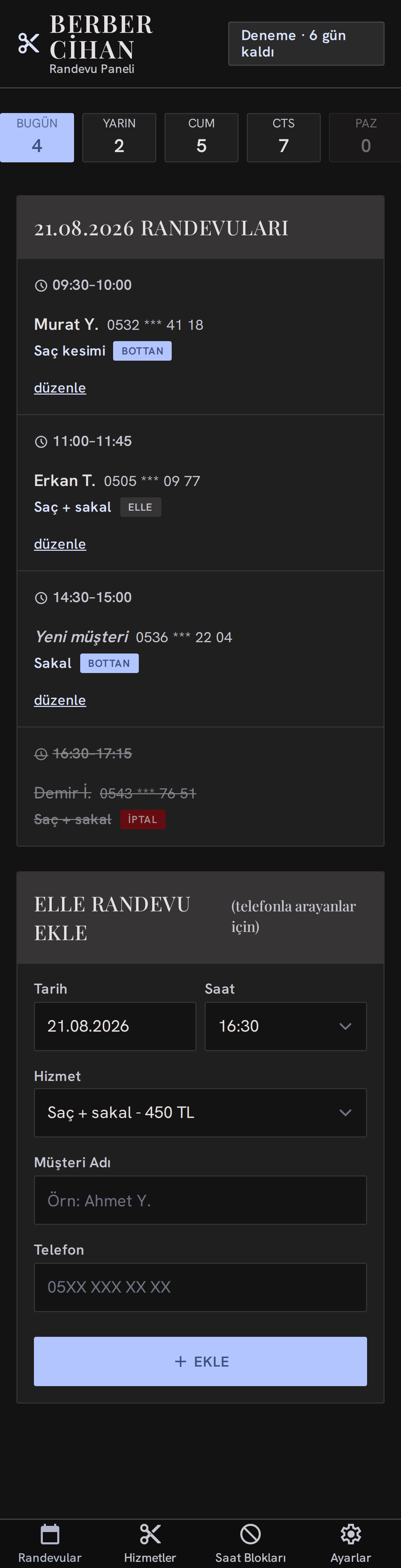 Berber randevu paneli ekran görüntüsü