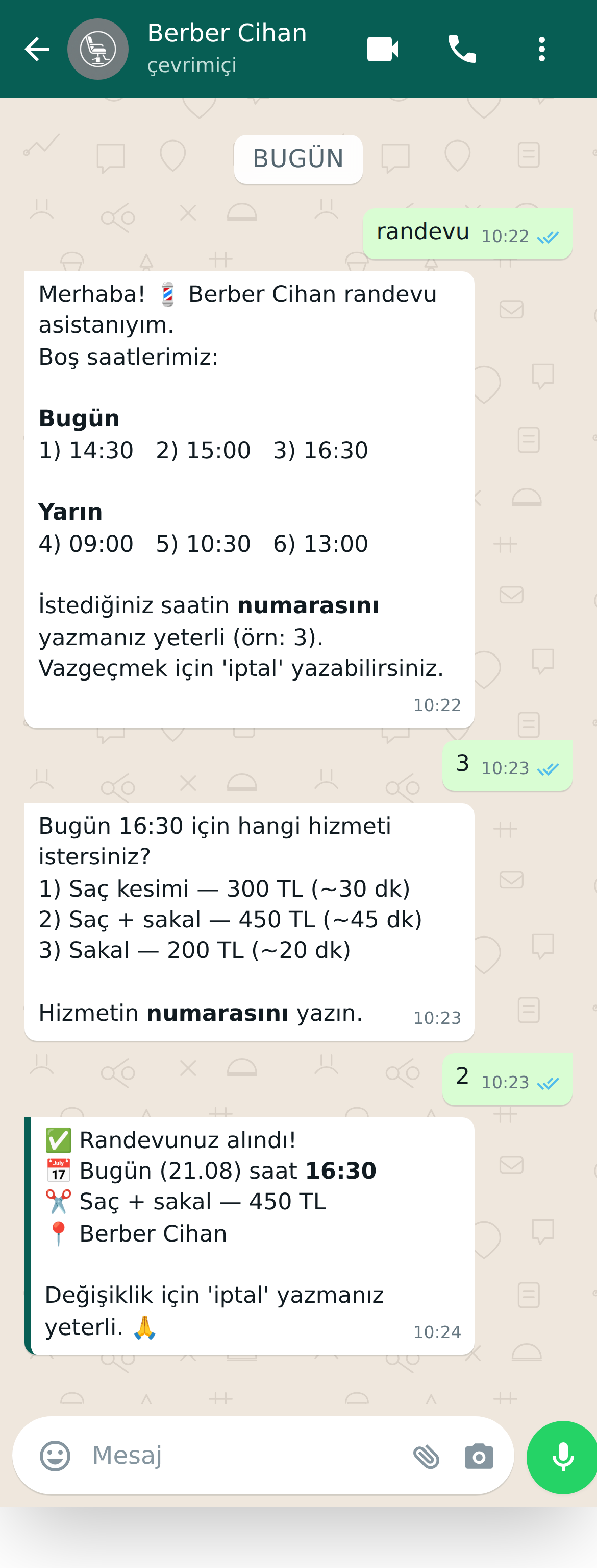 Müşterinin WhatsApp'tan randevu alma ekran görüntüsü